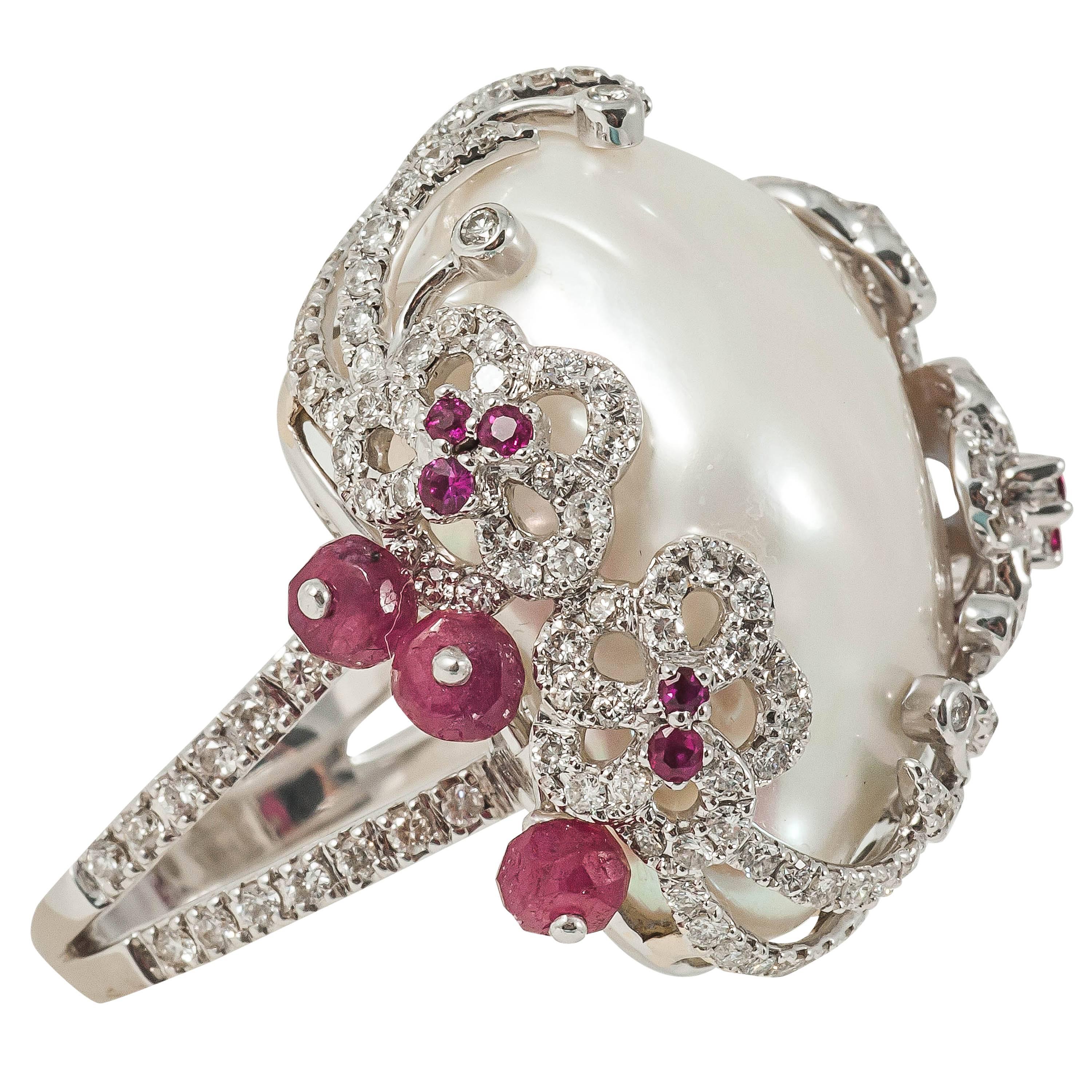 Baroque Pearl Ruby diamond gold cocktail Ring  For Sale