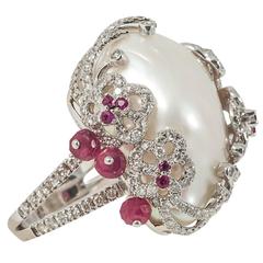 Baroque Pearl Ruby diamond gold cocktail Ring 