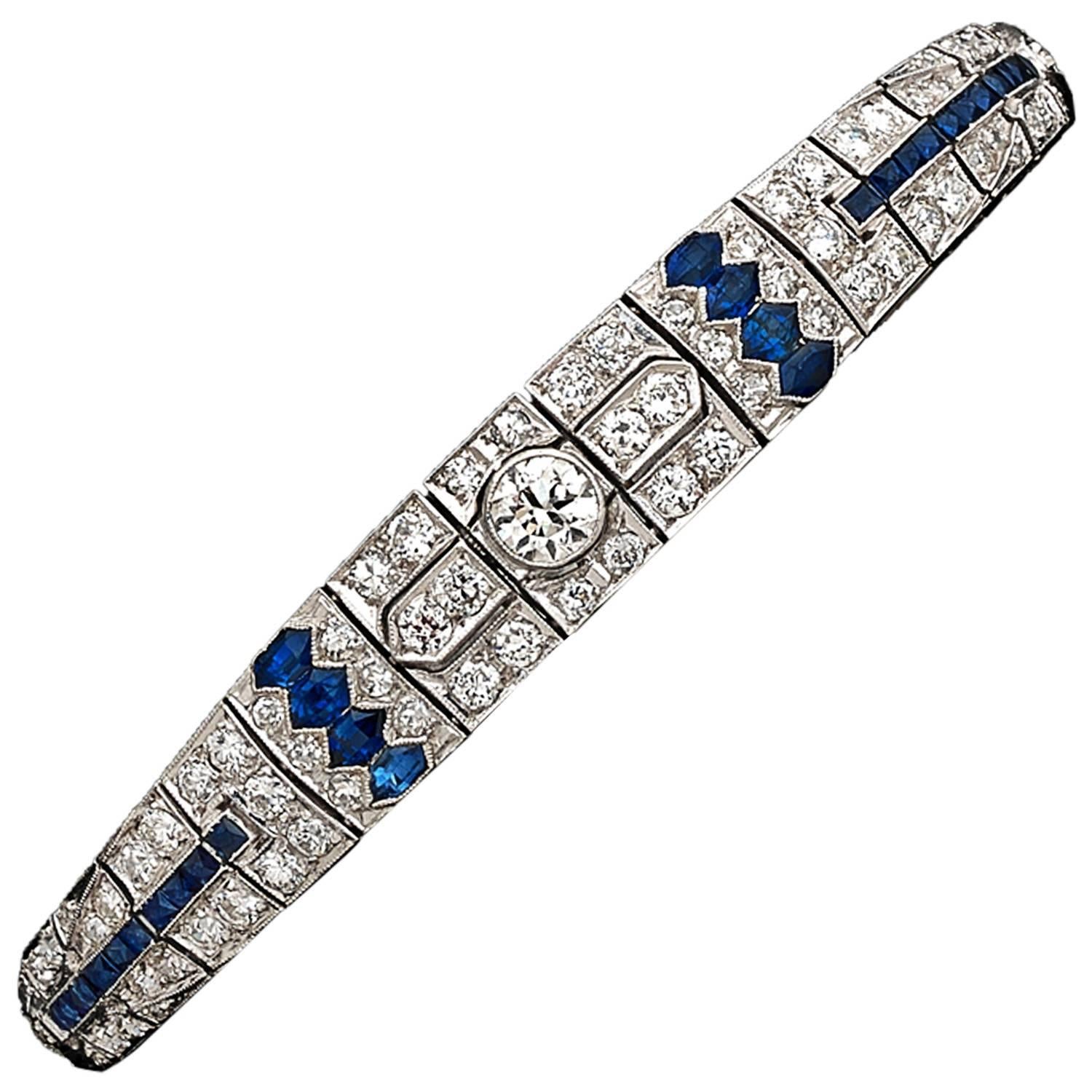 1930s Oscar Heyman Sapphire Diamond Platinum Bracelet For Sale