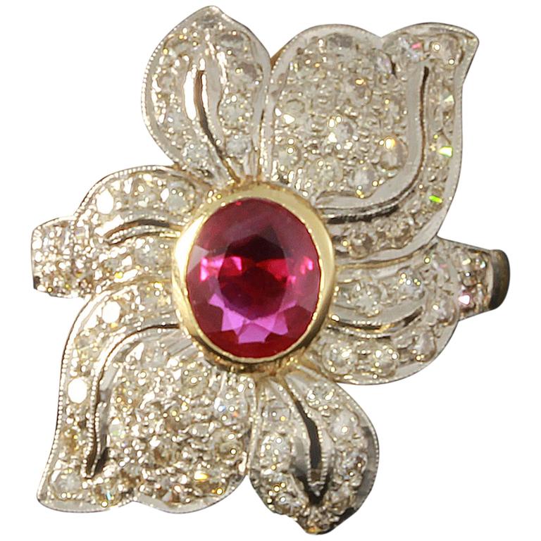 Ruby and Diamond Gold Flower Cocktail Ring For Sale at 1stDibs