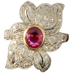 Ruby and Diamond Gold Flower Cocktail Ring
