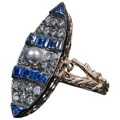 Sapphire Cultured Pearl Diamond Silver Gold Ring