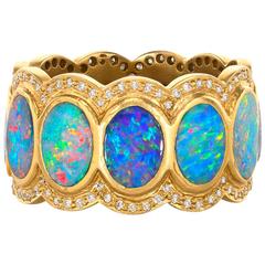 Lauren Harper Boulder Opal Disc Diamond Matte Gold Eternity Band Ring