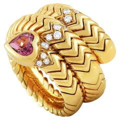 Bvlgari Spiga 18 Karat Yellow Gold Diamond and Pink Tourmaline Bypass Ring