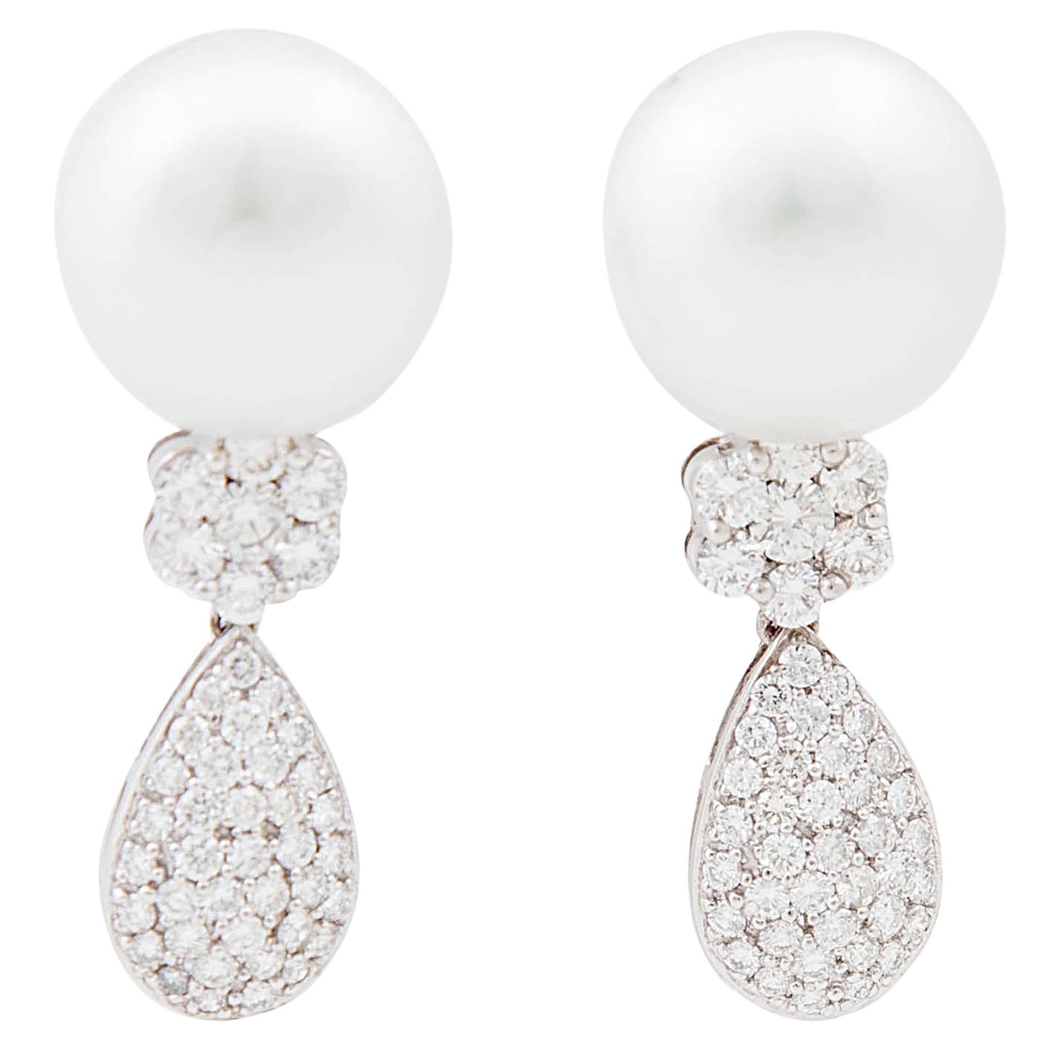White South Sea pearl White Diamond Platinum Earrings For Sale
