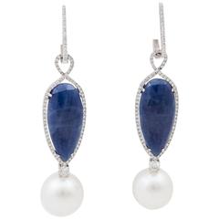 White South Sea Pearl Sapphire Diamond Gold Dangle Earrings