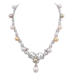 Golden South Sea Tahitian and Freshwater Pearl White Diamond Gold Necklace