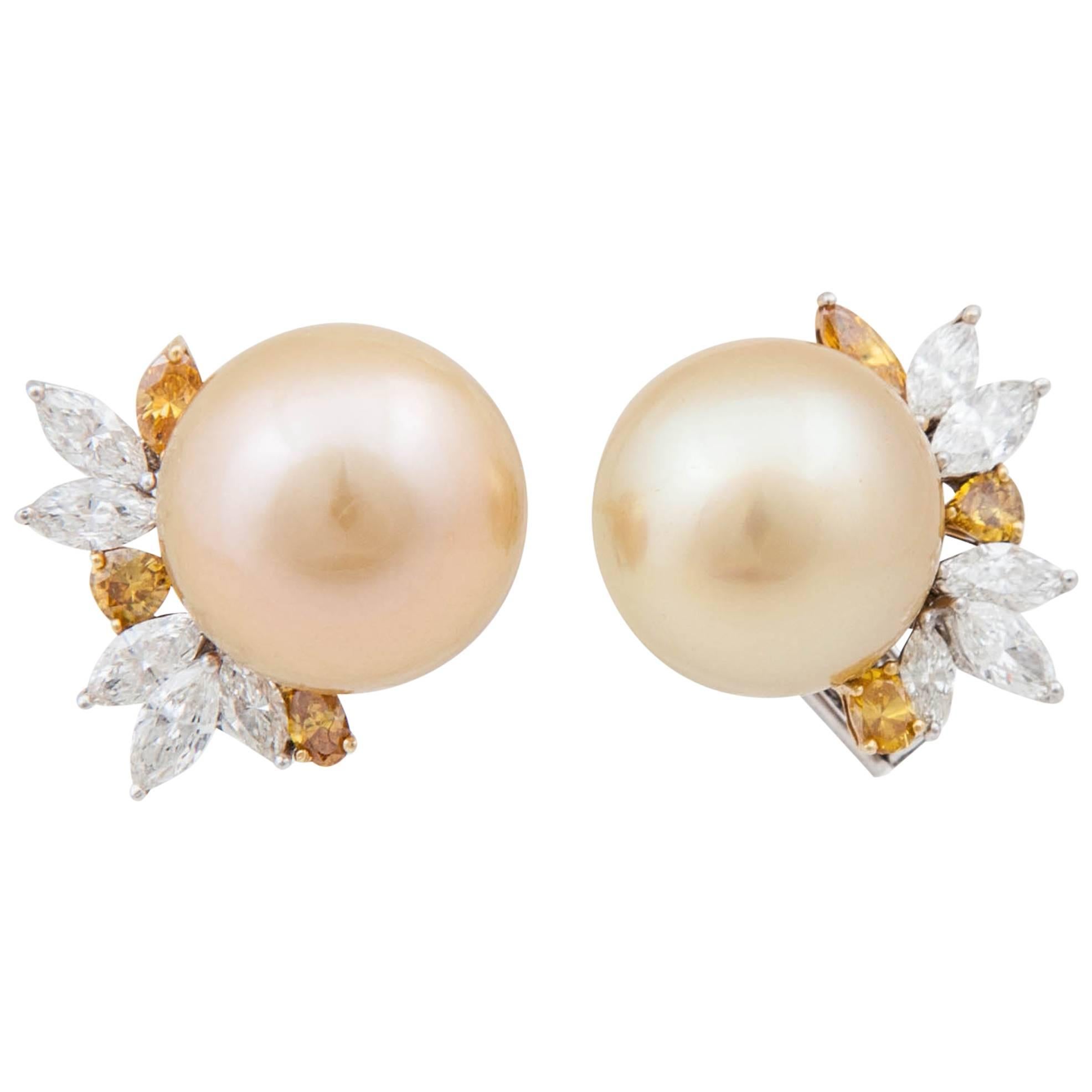 Golden South Sea Pearl, White Diamond, Yellow Diamond and Gold Earrings For Sale