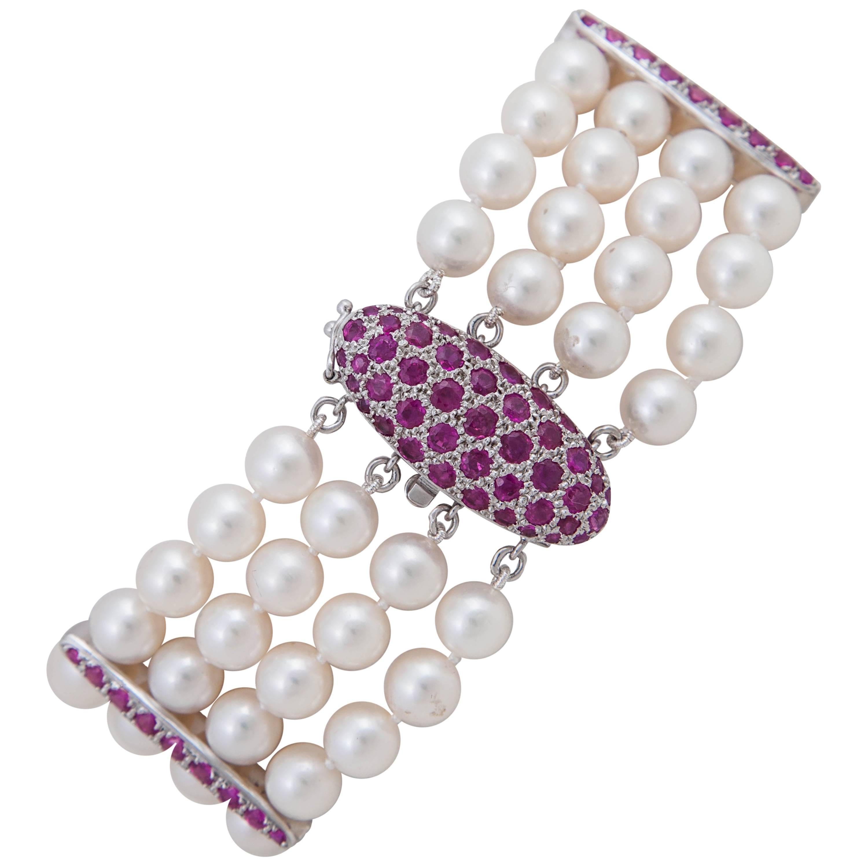 Akoya Cultured Pearl, Ruby and Gold Strand Bracelet For Sale