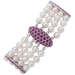 Akoya Cultured Pearl, Ruby and Gold Strand Bracelet