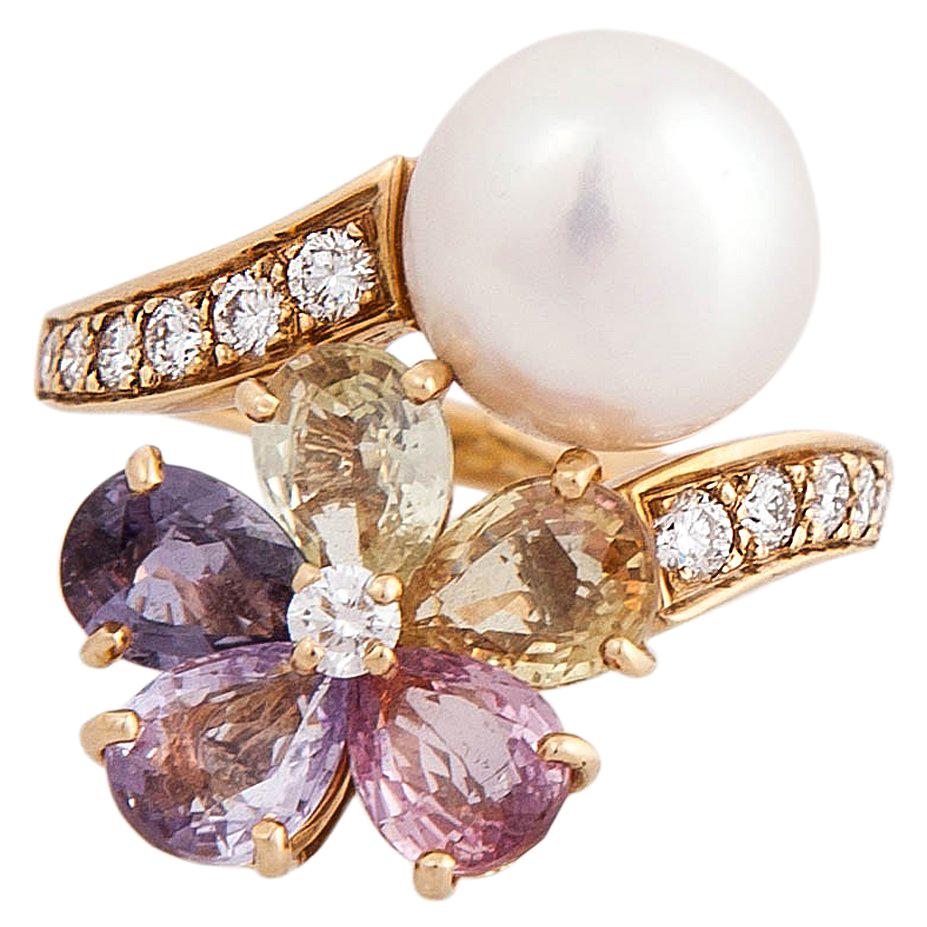 Bvlgari Multicolor Sapphires Flower and Pearl Ring with Diamonds For Sale