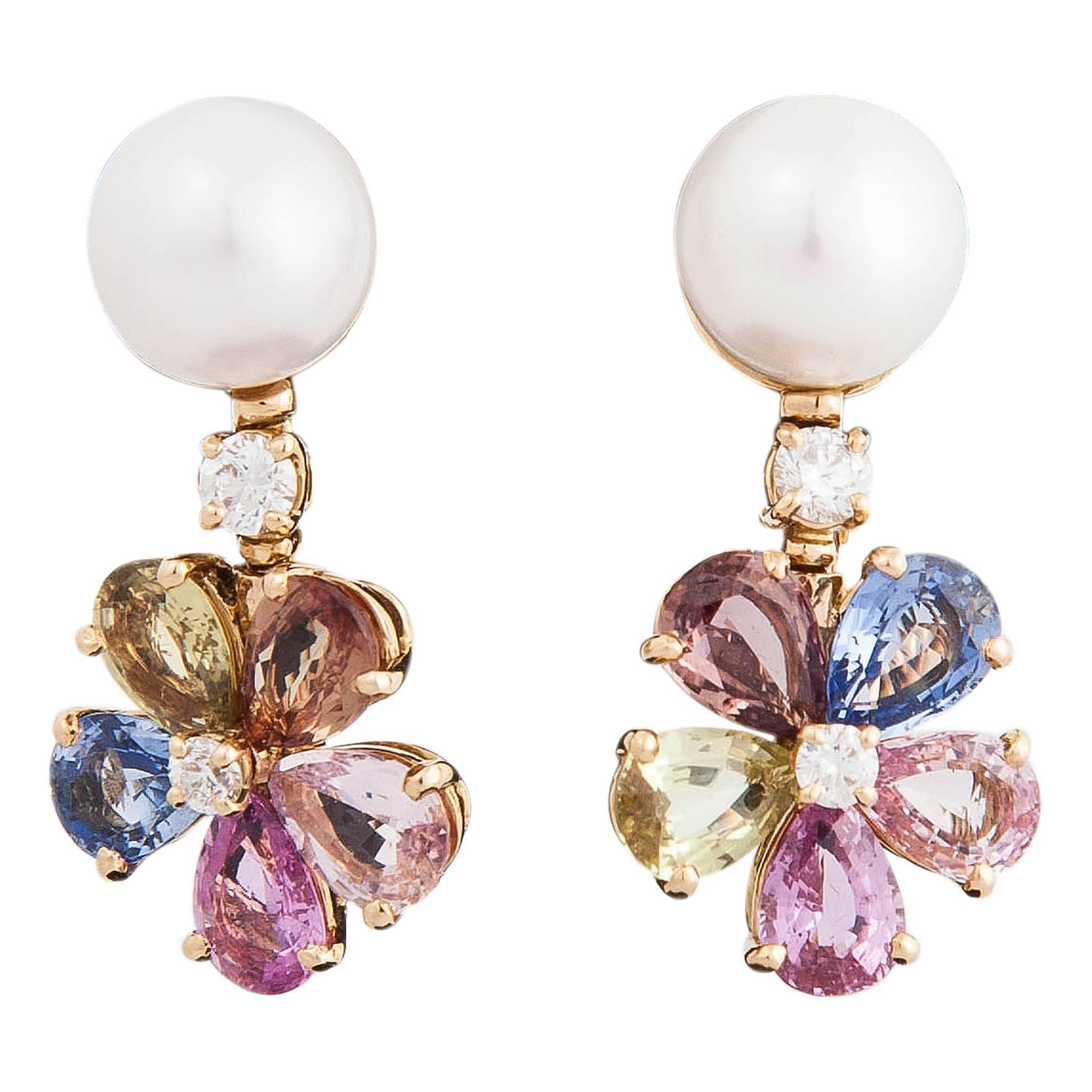 Lovely Bulgari Pearl Multicolored Sapphires and Diamond Earrings
