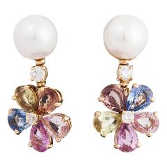 Lovely BULGARI Pearl multi-colored Sapphires and Diamond Earrings 10