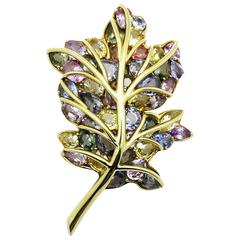 Fancy Colored Sapphire Gold Leaf Brooch 11