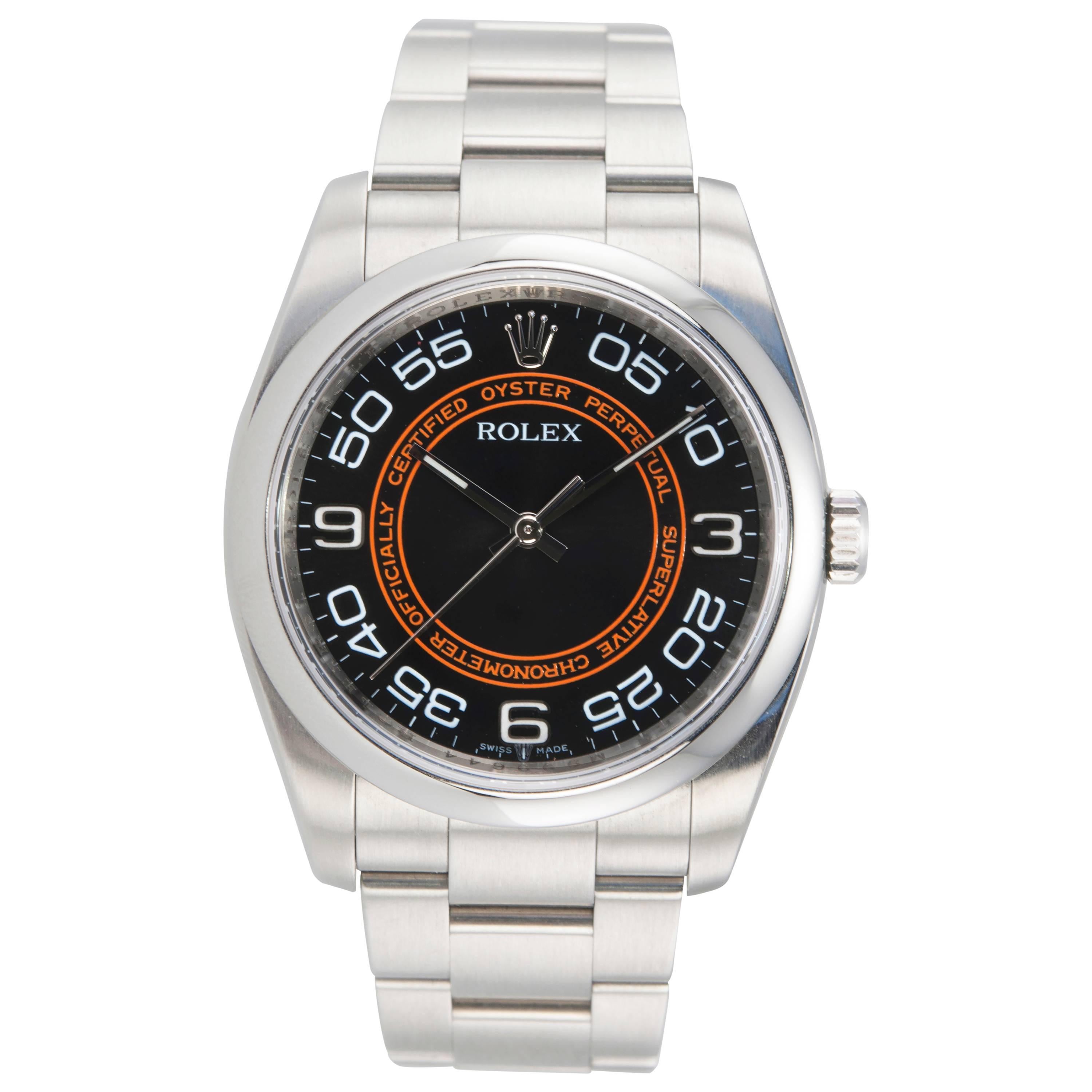 Rolex Stainless Steel Oyster Orange/Black dial Perpetual Wristwatch Ref 116000