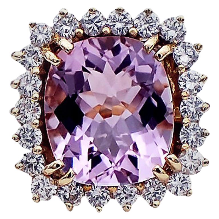 11 CTW Diamond & Pink Kunzite Cushion Cut Ring 14 Karat For Sale