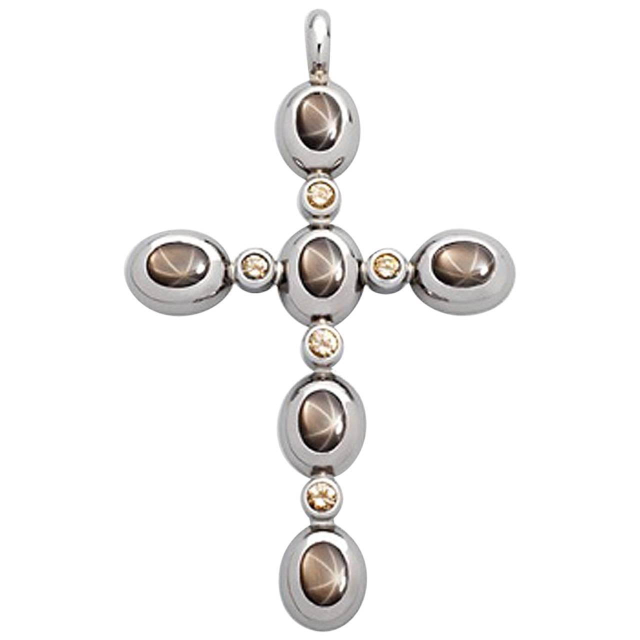 Cross Pendant, 18K White Gold, Star Sapphires 6.66 ct, Diamonds 0.65 ct  For Sale