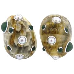 Trianon Jade Pearl Gold Seashell Earrings
