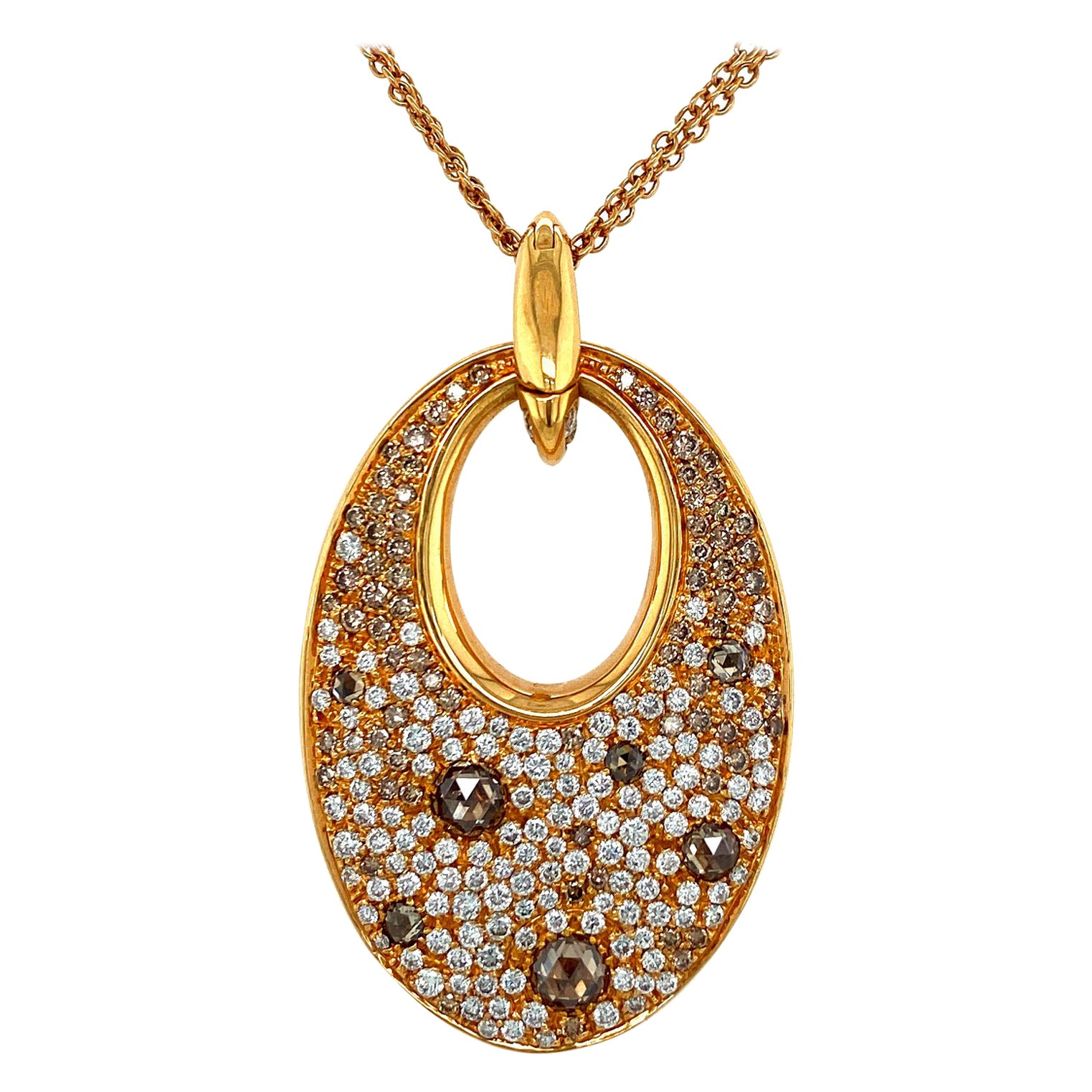 18Kt Pink Gold Necklace, Pendant Set with White, Cognac Diamonds 3.29 Carat For Sale