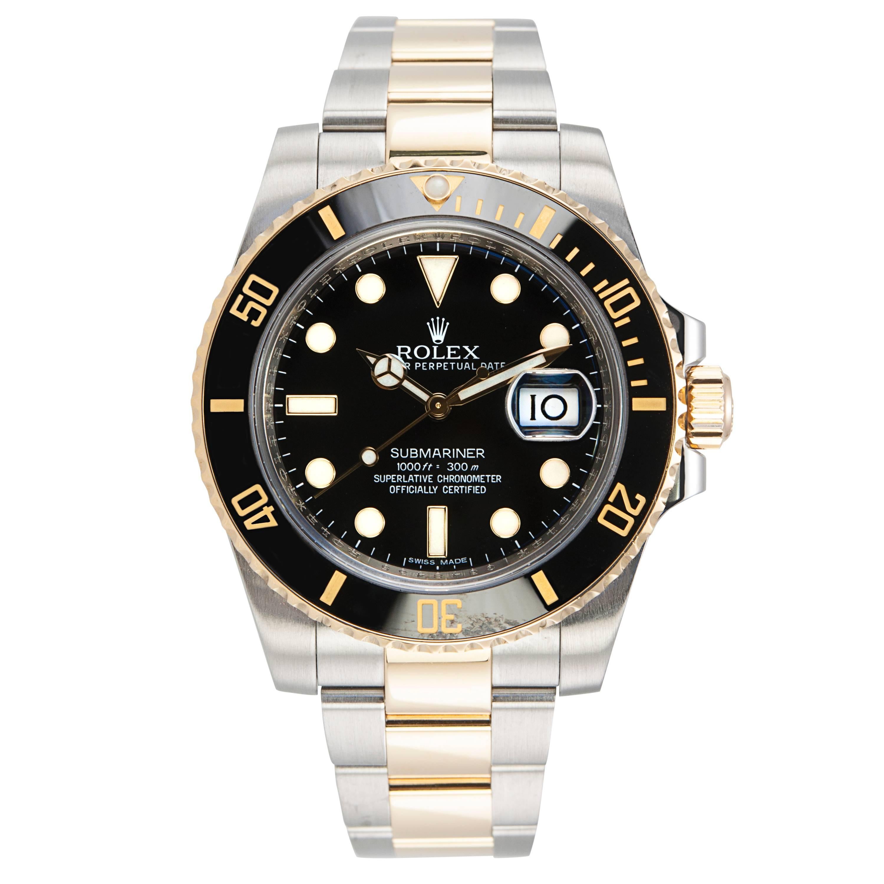Rolex Yellow Gold Stainless Steel Submariner Wristwatch Ref 116613 For Sale