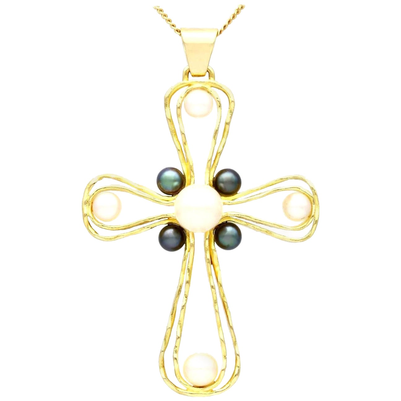 1970s Pearl and Yellow Gold Cross Pendant