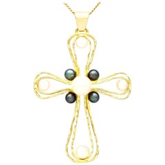 Antique 1970s Pearl and Yellow Gold Cross Pendant
