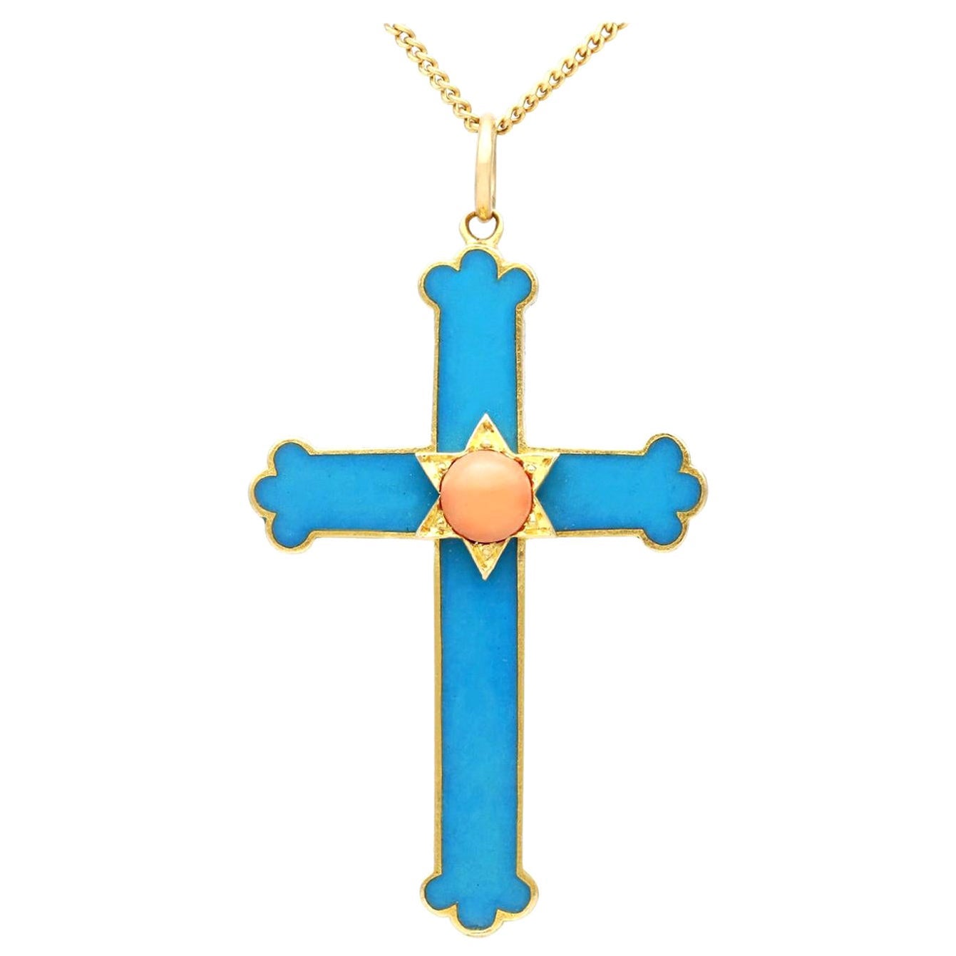 Pendentif croix ancienne en or jaune avec corail et émail