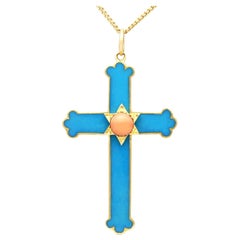 Used Coral and Enamel Yellow Gold Cross Pendant