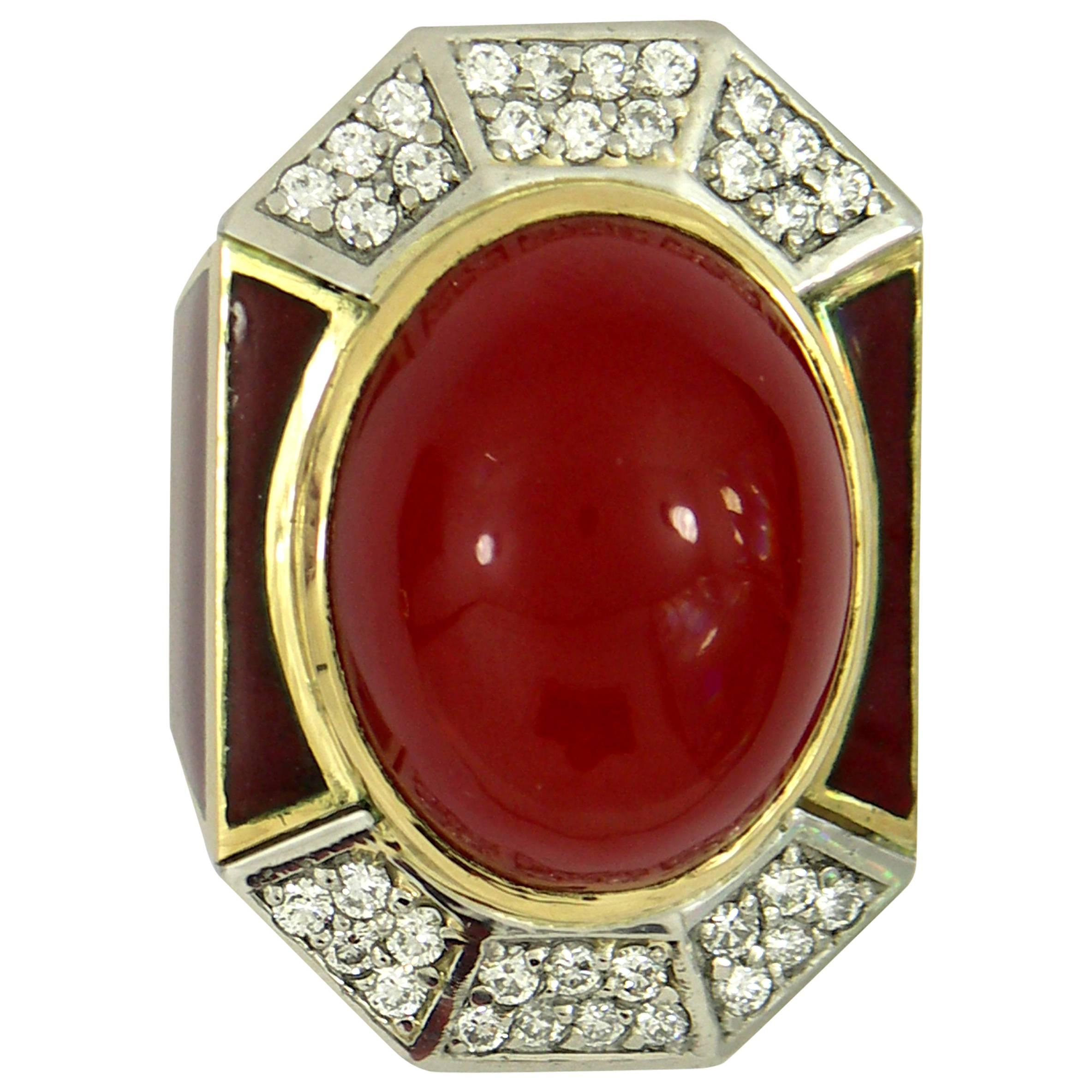 Large Enamel Ox Blood Coral Diamond Gold Dome Ring