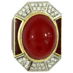Large Enamel Ox Blood Coral diamond Gold Dome Ring 6