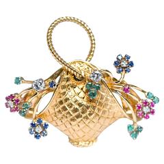 Ruby Emerald Sapphire Diamond Gold flower basket brooch 