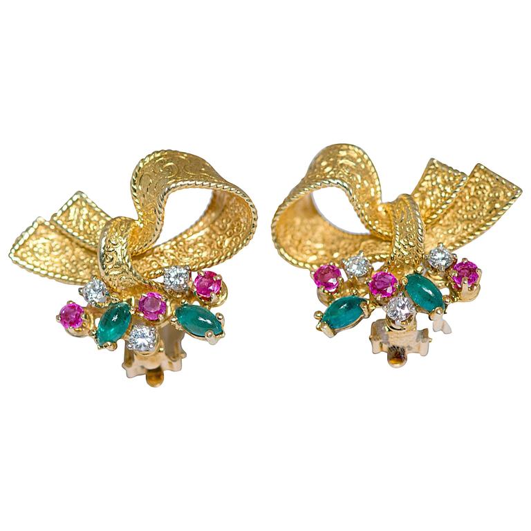 Ruby Emerald Diamond Gold Ribbon Earrings For Sale at 1stdibs