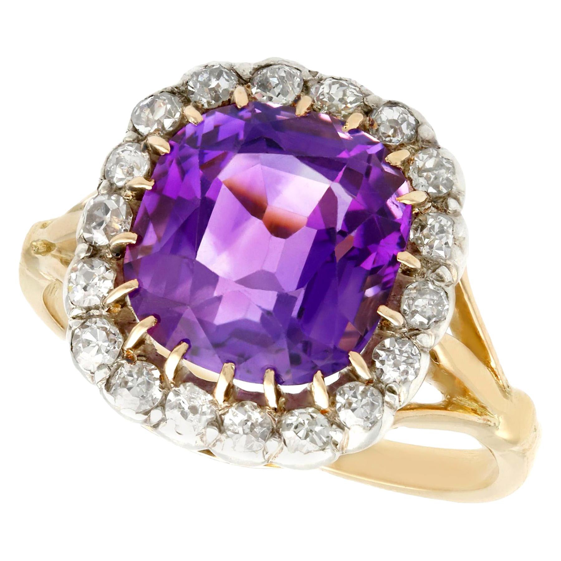 Antique 4.20 Carat Amethyst and Diamond Yellow Gold Cocktail Ring For Sale