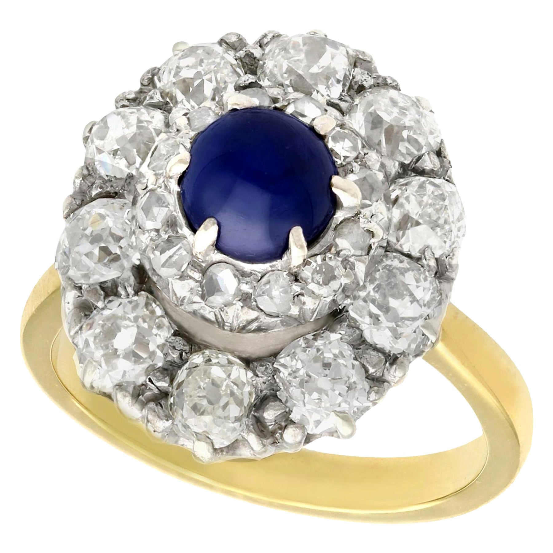 Antique 1.02 Carat Sapphire 1.83 Carat Diamond Gold Cluster Ring