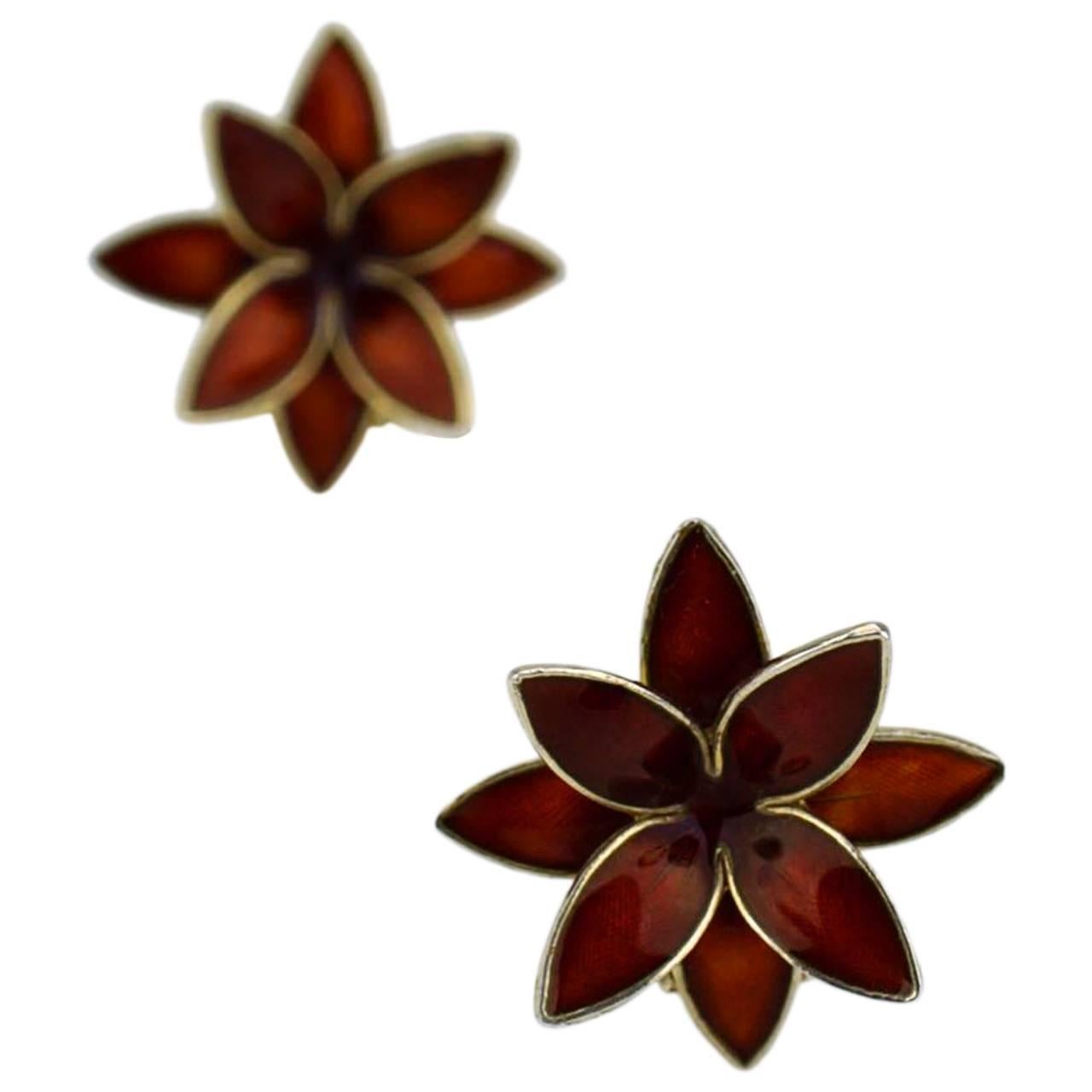 1960s enamel silver modernist flower design clip earrings