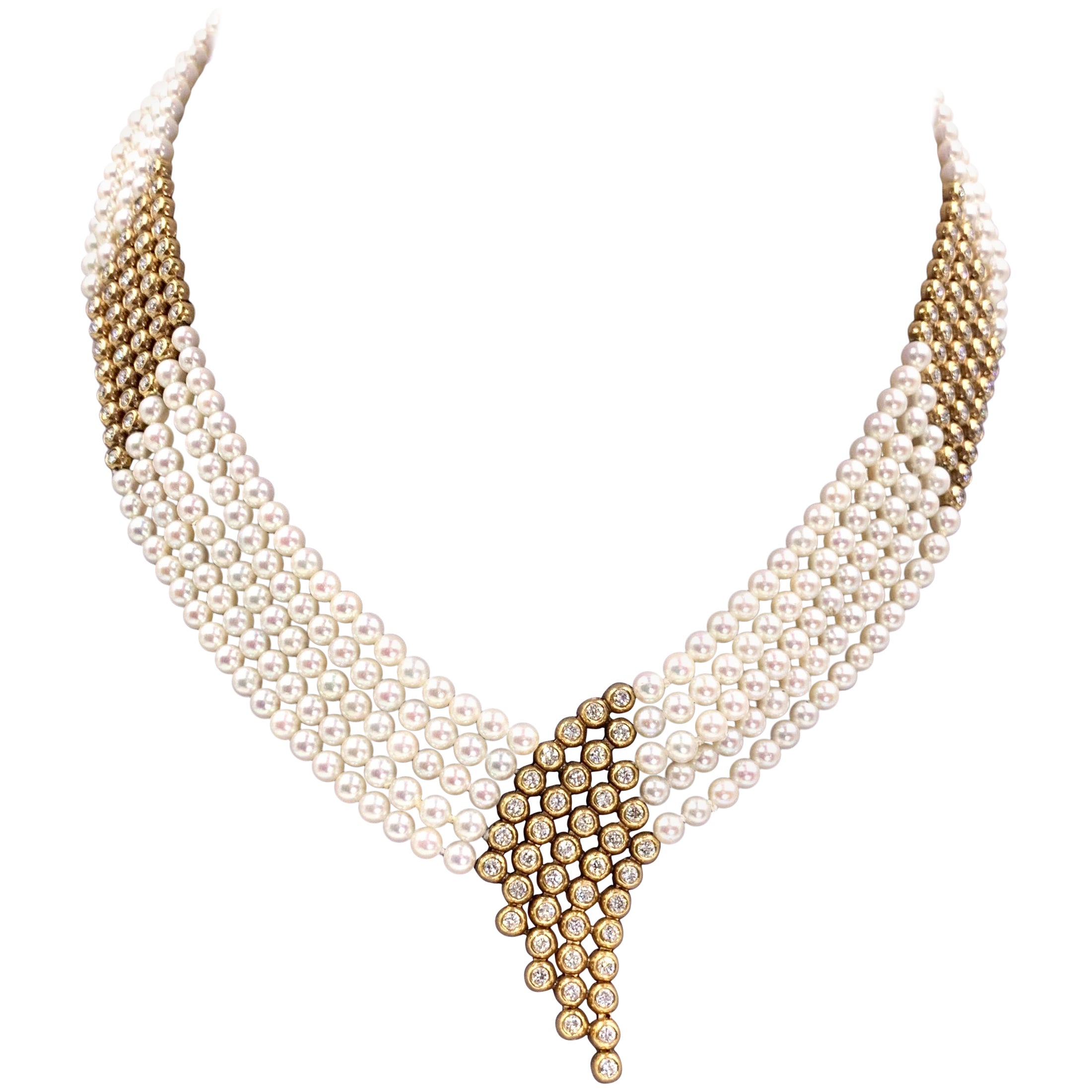 Gold Pearl Diamond Multi Strand Necklace For Sale at 1stDibs