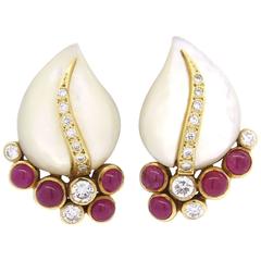 Diamond Ruby Mother of Pearl Gold Earrings