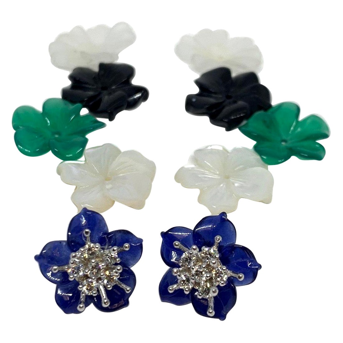 Hand Carved Gemstone Flower Earring Jacket Set, 18k Gold & Diamond Stamen Posts