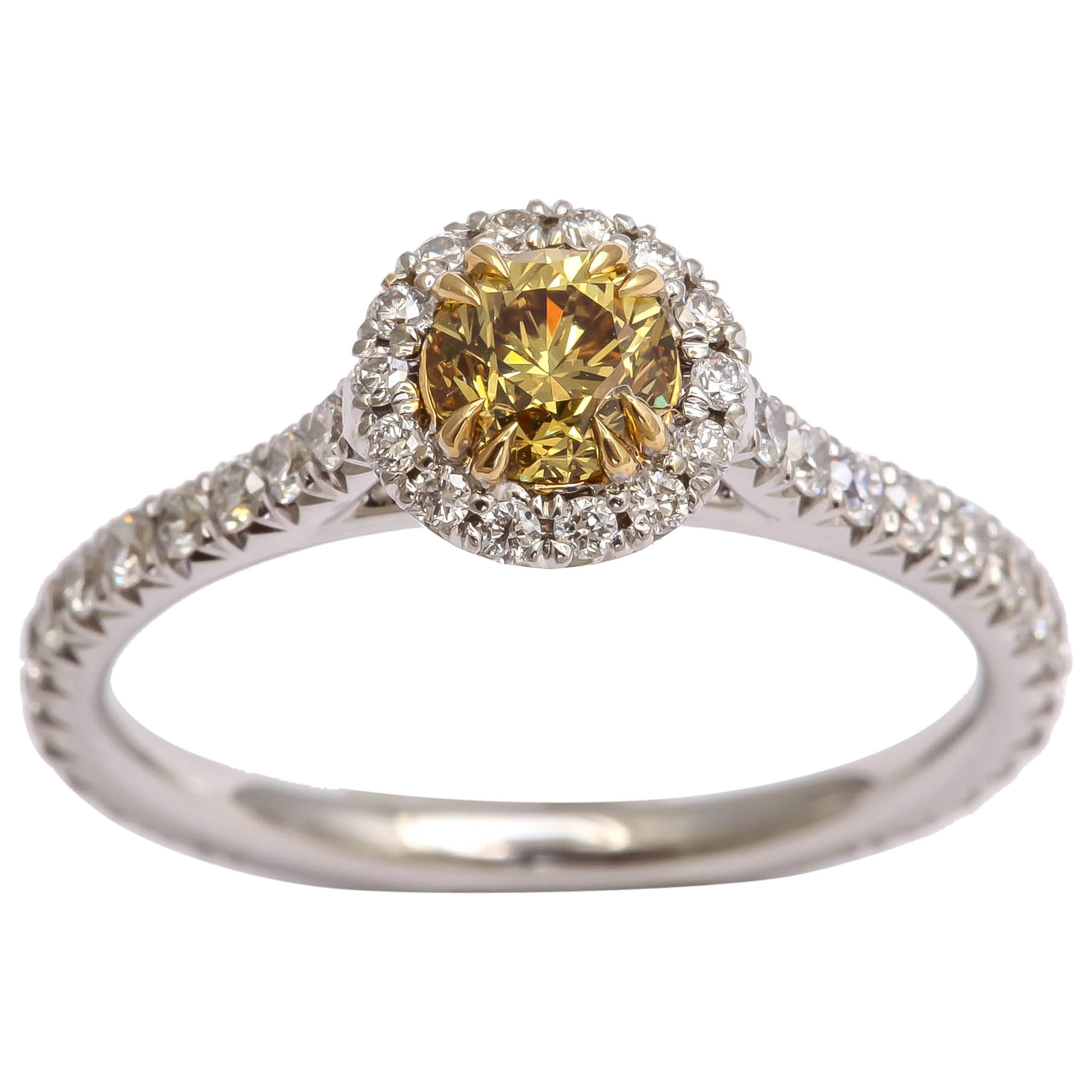 Fancy Deep Brownish Greenish Yellow Diamond  Halo Ring For Sale