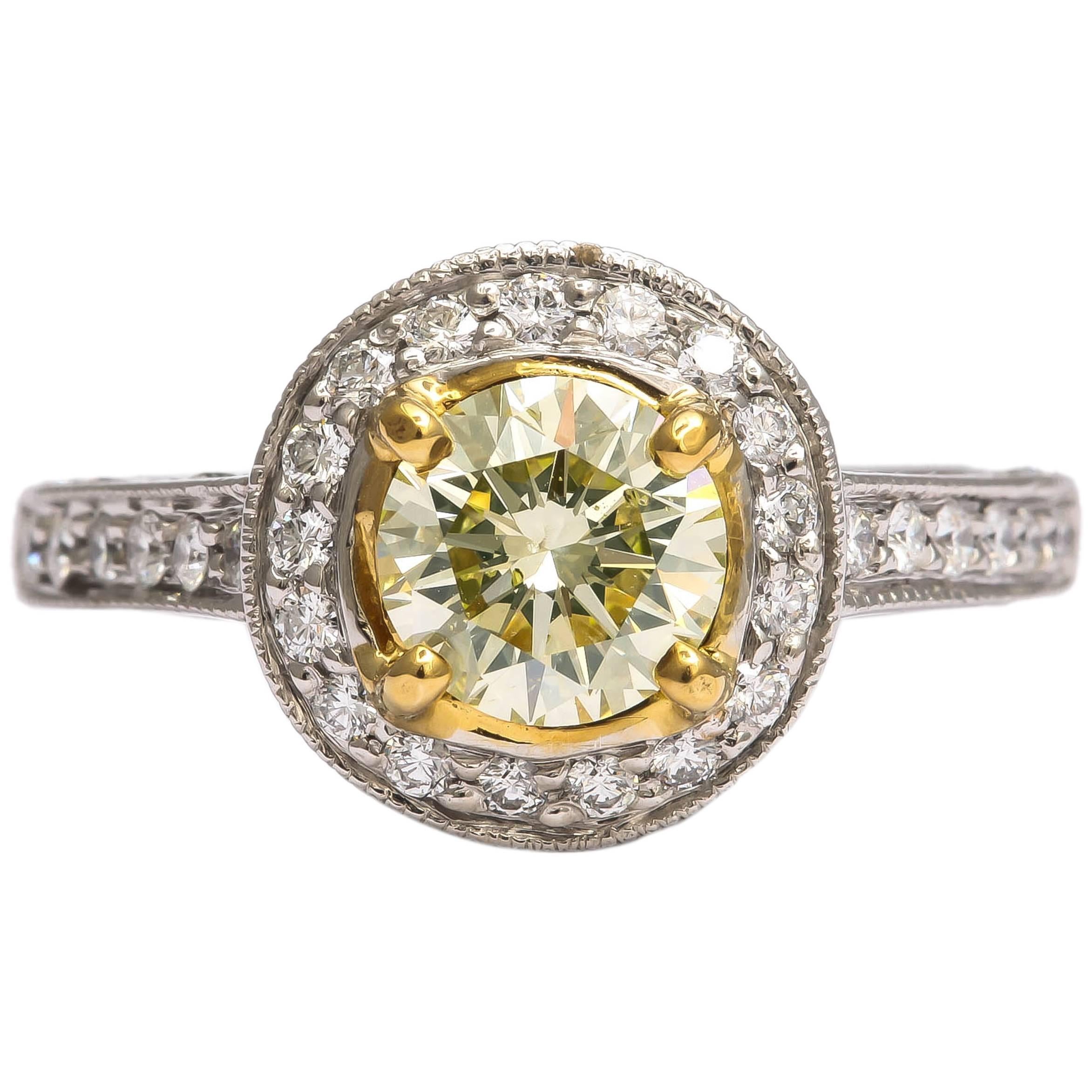 Charming Natural Light Green Yellow Diamond Halo Ring For Sale