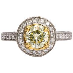 Charming Natural Light Green Yellow Diamond Halo Ring