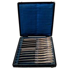 Puiforcat French Sterling Silver Dessert and Fruits Knife Set 12 pc box Rococo