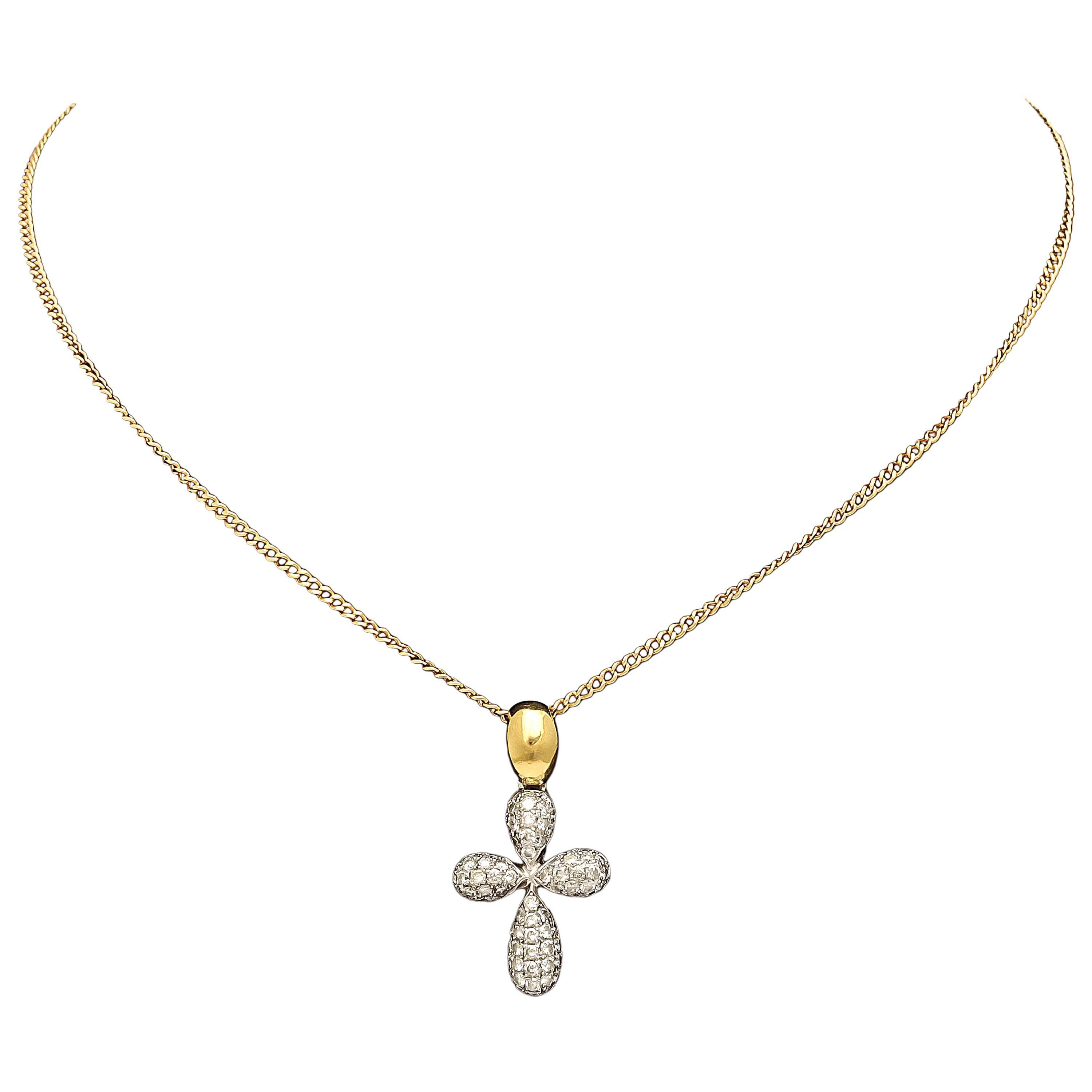 Italian Diamond Gold Cross Pendant on Chain, 20th Century