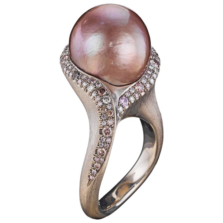 Naomi Sarna Mauve Pearl Diamond Gold RIng For Sale