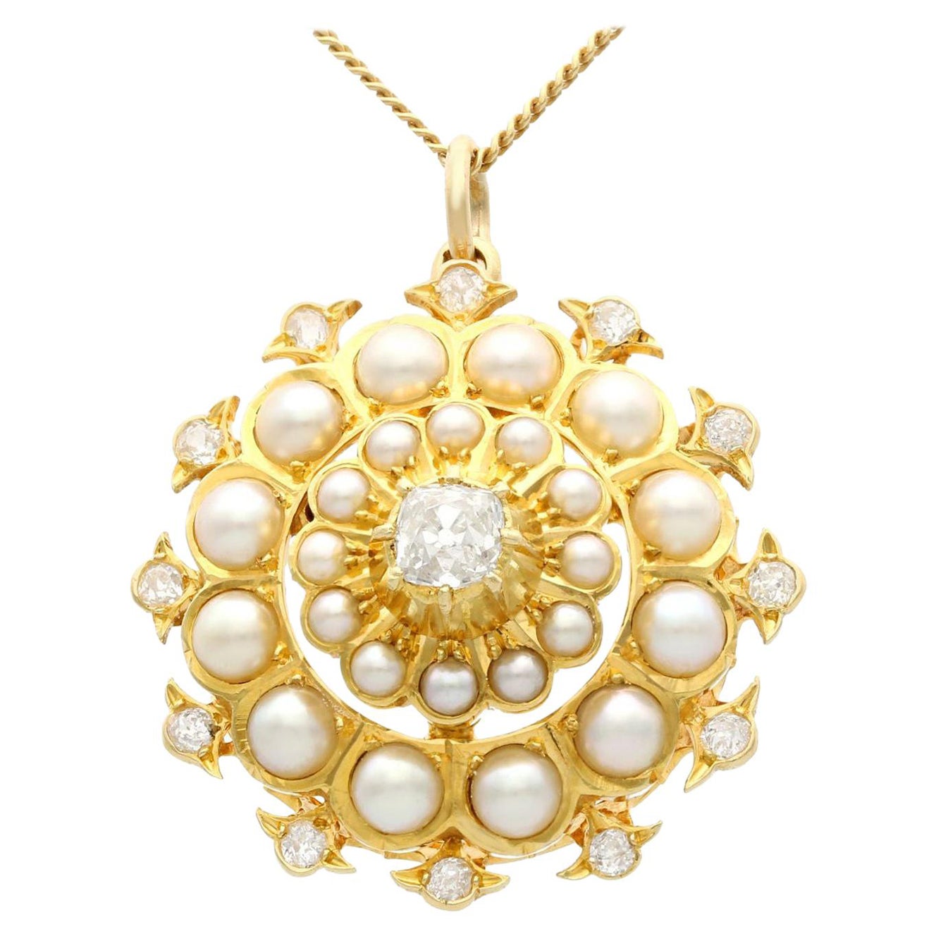 Broche pendentif victorienne en or jaune, perles naturelles et diamants de 1,16 carat