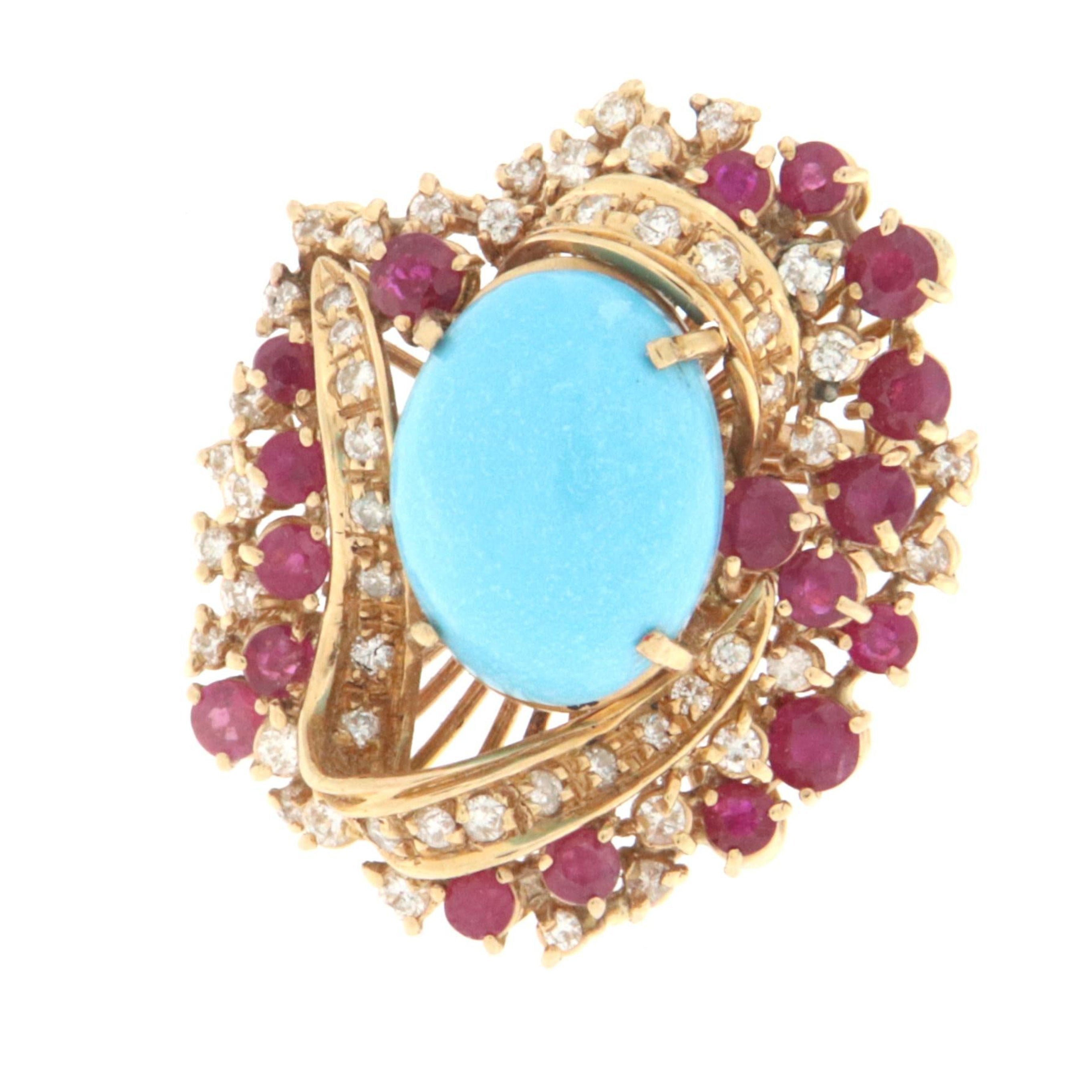 Handcraft Turquoise 18 Karat Yellow Gold Diamonds Ruby Cocktail Ring For Sale
