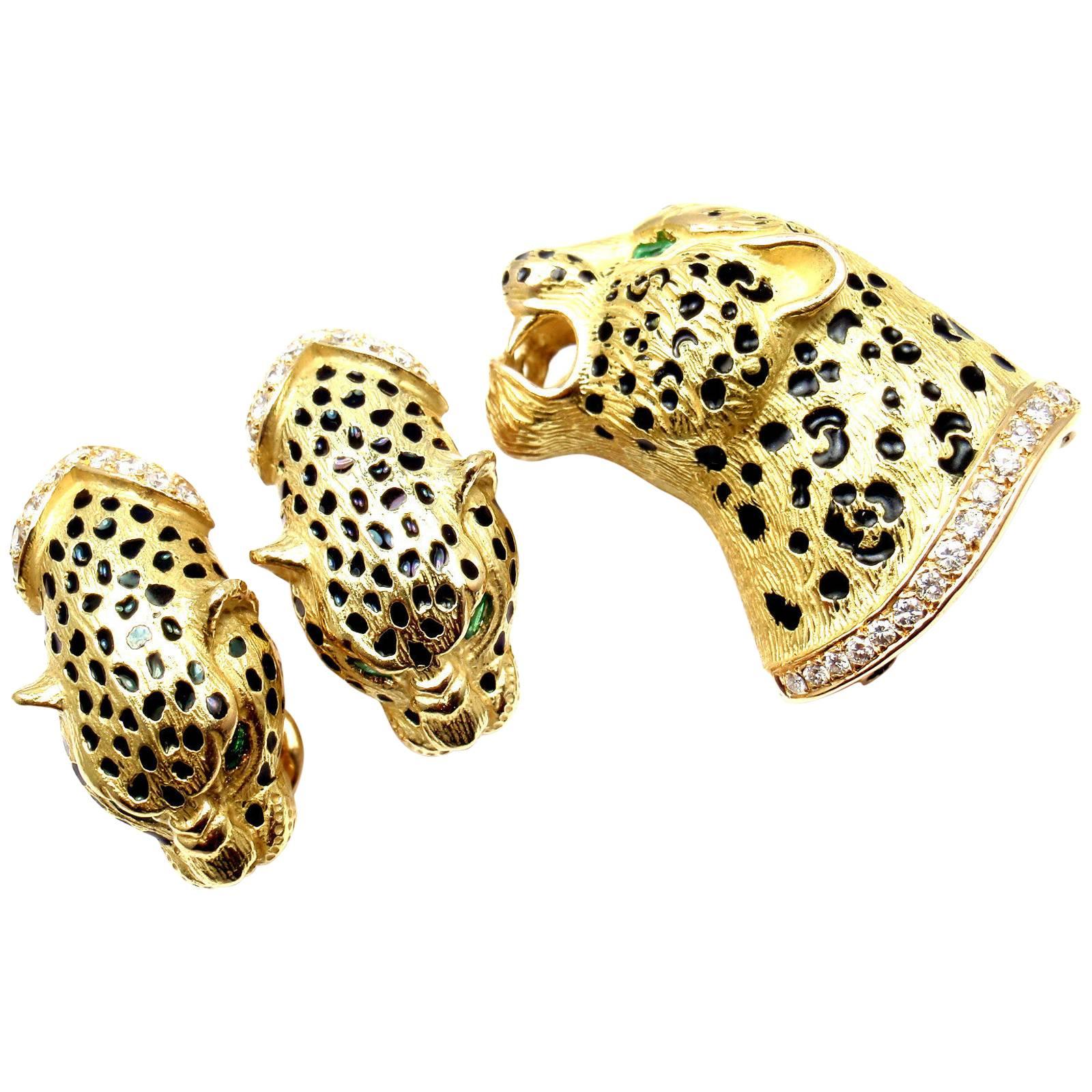Gay Freres Leopard Diamond Emerald Brooch Earrings Yellow Gold Set