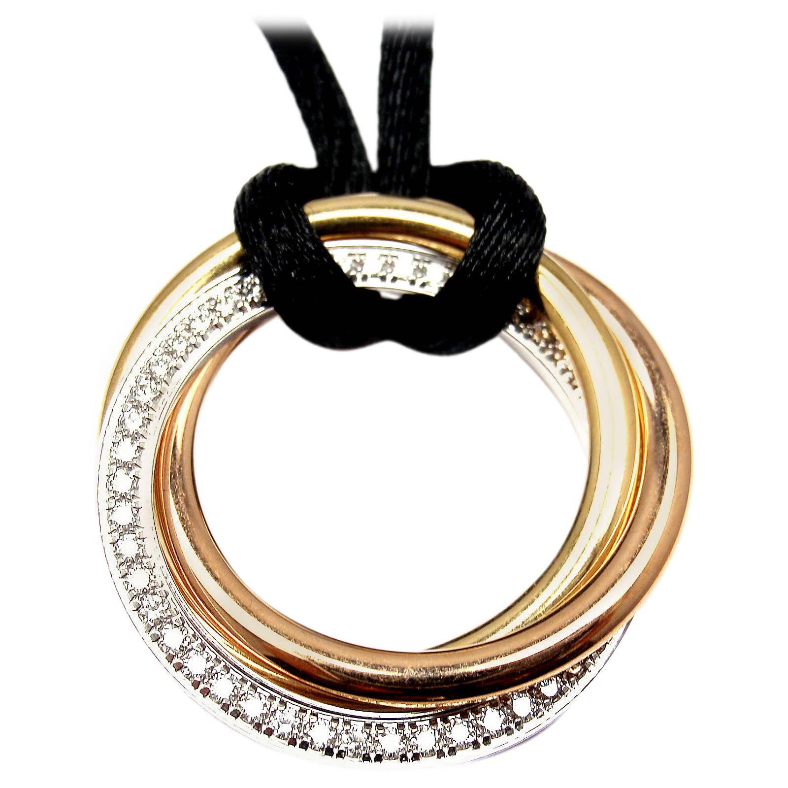Cartier Trinity Diamond Medium Silk Cord Multi Color Gold Pendant Necklace