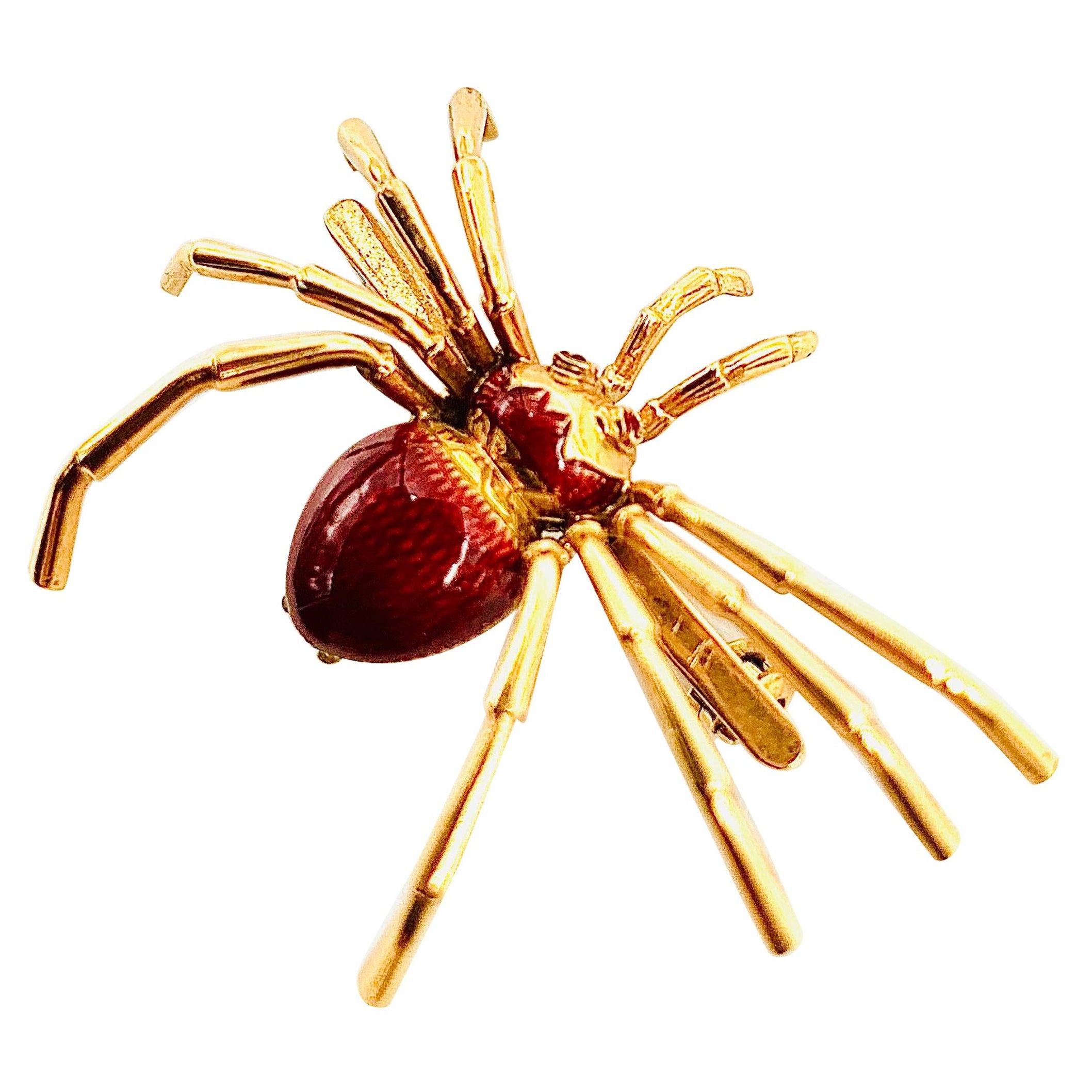 Estate 18K Gold Red Guilloche Enamel Cabochon Ruby Spider Brooch