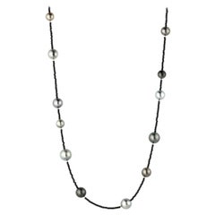 14 Carat Gold Long Strand off Multi Hued Tahitian Pearls and Black Spinel Beads